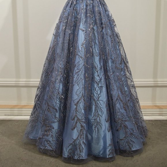 NEW SMOKEY BLUE FLORAL GLITTER PRINT Evening BALL EVENING PARTY GOWN Dress CD812 - Picture 4 of 7